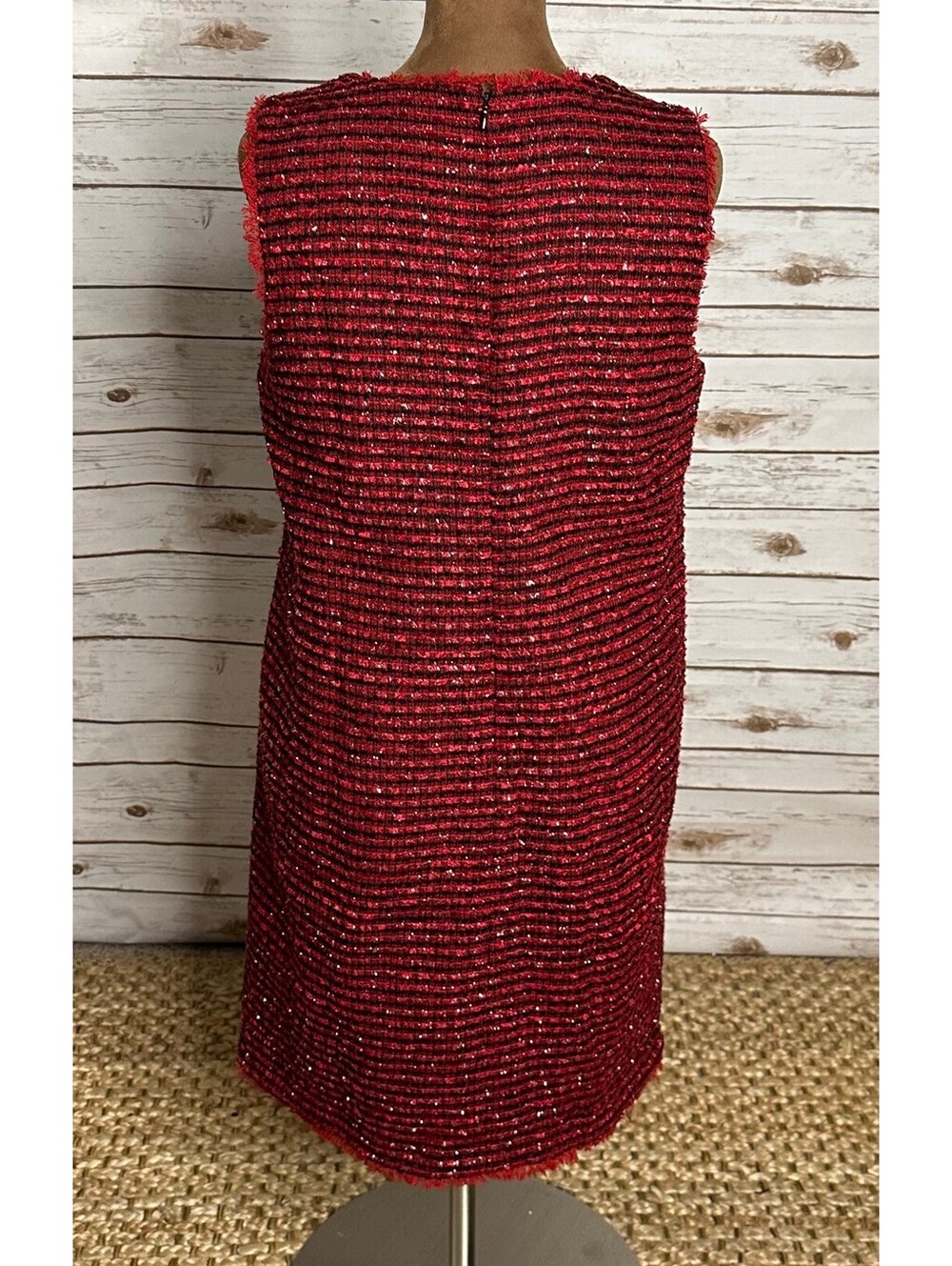 Ann Taylor red black metallic tweed fringe V-neck sleeveless shift dress Size 6 - Picture 4 of 6